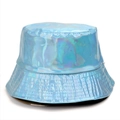 Close-up of holographic laser fabric on bucket hat with metallic iridescent texture - 5.7cm / Cyan