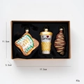 Breakfast themed glass Christmas ornaments set with coffee and toast in gift packaging - Jam Toast Coffee Cup Croissant Style