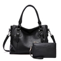 Black pebbled leather tote bag set with matching wristlet and adjustable strap - Black