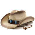 British style wide brim cowboy straw hat with turquoise beads and wind rope - M (56-58cm) / Beige Coffee Gradient
