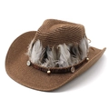 Brown woven straw cowboy hat with ethnic feather trim and beads for beach travel - Coffee