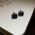 Vintage style silver earrings with square black gemstone and halo diamond accents - Gun Black Square Halo Ear Buckle Style (96#)