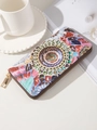 Portefeuille ethnique à imprimé mandala en cuir PU avec fermeture éclair dorée et fentes - Multicolore A (Mandala Bleu Vert)