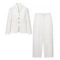 Tailleur pantalon blanc pour femme avec col en V et boutons métalliques dorés chic - S / Ensemble Zirconium Blanc