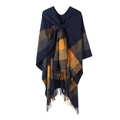 Dark blue knit shawl cape with brown orange plaid pattern and tassel fringe detail - Tassel Navy Blue