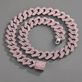 15mm silver Miami Cuban link chain with paved pink rhinestones for men hip hop style - Standard Size / Silver with Pink Rhinestone