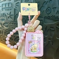 Cute pink bear sliding puzzle keychain featuring a beaded wrist strap and cartoon art - Pink Holiday Bear Puzzle Pendant