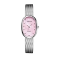 Elegant oval silver mesh strap quartz watch with pink mother of pearl dial and rhinestones - Silver Pink
