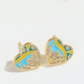 Minimalist gold heart stud earrings with blue and yellow enamel and crystal accents - Blue