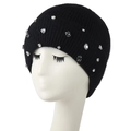 Women's black thick knitted beanie hat with sparkling faux crystal and pearl rhinestones - Black