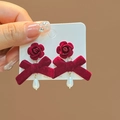 Vintage burgundy velvet bow earrings with rose flower and pearl drop for women - E2756-5 French Rose Pearl Style