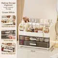 Creamy white plastic makeup organizer with divided slots and two transparent drawers - Large Capacity Double Drawer Style / Cream White