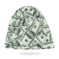 Detailed view of the 100 dollar bill print on the beige knitted beanie hat fabric - Light Green