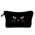 Detail view of black travel makeup bag with cat print, sturdy zipper and side handle - White Line Art Cat Face