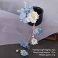 Blue and white hanfu flower hair clip with golden tassel and pearls, 17cm length - Gradient Sky Blue