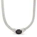 Silver snake chain necklace featuring a polished black oval stone pendant in a prong setting - Silver with Black Gemstone (PDD128)