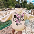 Cream oversized hoodie featuring pink cherry blossom print and Jesus Loves You text back - S / Khaki