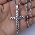 Men's silver stainless steel cross pendant necklace with vintage woven texture on box chain - Wheat Cross