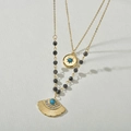Double-layered 14K gold plated necklace with blue turquoise sun and fan-shaped charms - Double Layer Turquoise-Fan Pendant (YCN910-lv)