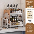 Compact stainless steel 2-tier kitchen rack with knife holder and hooks, 30cm width - Double Layer 30cm + Knife Rack + Board Rack + Chopstick Tube + Hooks