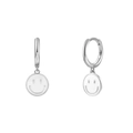 Silver S925 sterling silver hoop earrings with a circular smiley face charm pendant - Silver White Smiley Face (JQH0081-SS-1)