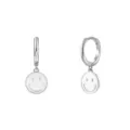 Silver S925 sterling silver hoop earrings with a circular smiley face charm pendant - Silver White Smiley Face (JQH0081-SS-1)