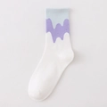 White crew socks featuring light blue and purple wavy patterns with ribbed cotton cuffs - One Size / Blue Purple White