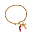 Golden rope chain bracelet with red Italian horn pendant and sparkling cross charm - Letter T