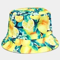 Reversible bucket hat featuring vibrant lemon fruit and blue floral summer prints - M / Lemon Yellow