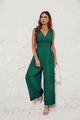 Detail van donkergroene mouwloze jumpsuit met V-hals en ontwerp met brede pijpen - S / Legergroen