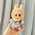 Labubu doll in denim overalls with peach embroidery and plush bunny ear hat - Two-piece Set Of Pink Peach-colored Wool Overalls / First And Second Generation Keychains Are Compatible With La Cloth Dolls. Dolls Not Included.