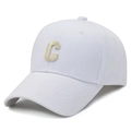 White baseball cap with gold embroidered C letter in classic six-panel cotton style - White