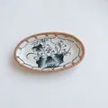 Oval ceramic tray with lotus pattern and woven rattan edge, size 20x11.5x2.5cm - Lotus Style