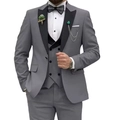 Detail of grey men's three-piece suit with black peak lapels and decorative chain brooch - XXS / Gray