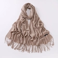 Solid camel cashmere scarf with soft fringes and authentic material tag in plain view - Khaki