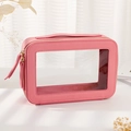 Pink waterproof PU leather travel toiletry bag with transparent window and gold zipper - Single Layer / Rose Pink