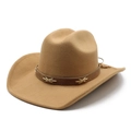 Classic camel wide brim western cowboy hat with brown leather band on white background - M (56-58cm) / Camel