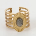 French vintage oval natural stone ring with five-layer gold band and sunburst detail - Wide Sun Flower Gray Stone