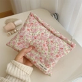 Detailed macro of floral quilted cotton makeup bag showing soft texture and compact size - Pink Fine Floral