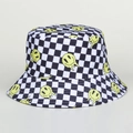 Schwarz-weißer Fischerhut mit Schachbrettmuster und schmelzendem Smiley-Gesicht - M (56-58cm) / Schwarz Weiß Karo
