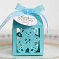 Light blue baby shower candy box with hollow bear design and thank you tag with ribbon - Tiffany Blue