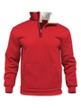 Close-up of red polyester hoodie featuring a half-zip neckline and internal size M label - S / Red