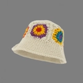 Handmade crochet knit bucket hat with colorful floral patterns in beige and red - One Size / Beige Six Flowers Patchwork Hat