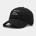 Close-up of Freedom Peace Equality embroidery on a black cotton baseball cap - M (56-58cm) / Black