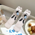 Fuzzy cream coral fleece socks with black spots and blue 3D tongue decoration - Spotted Koala with Blue Drop (1 Pair)