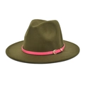 Close-up of olive green wool fedora hat featuring a magenta belt and gold buckle detail - M(56-58cm) / Army Green