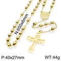 Golden 6mm beaded rosary necklace with engraved medal and heart cross pendant for men and women - Gold Hollow Heart Cross Style (KN117702-Z)