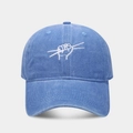 Detailed close-up of white drumsticks embroidery on washed navy blue cotton baseball cap - Adjustable / Light Blue