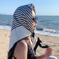 90x90 square silk scarf with black and white stripes and color blocking for women - Black Stripe-Cream White