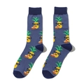 Detailed view of gray-blue socks with cartoon pineapple wearing sunglasses and coconut water - One Size / A783-Pineapple Grey Blue